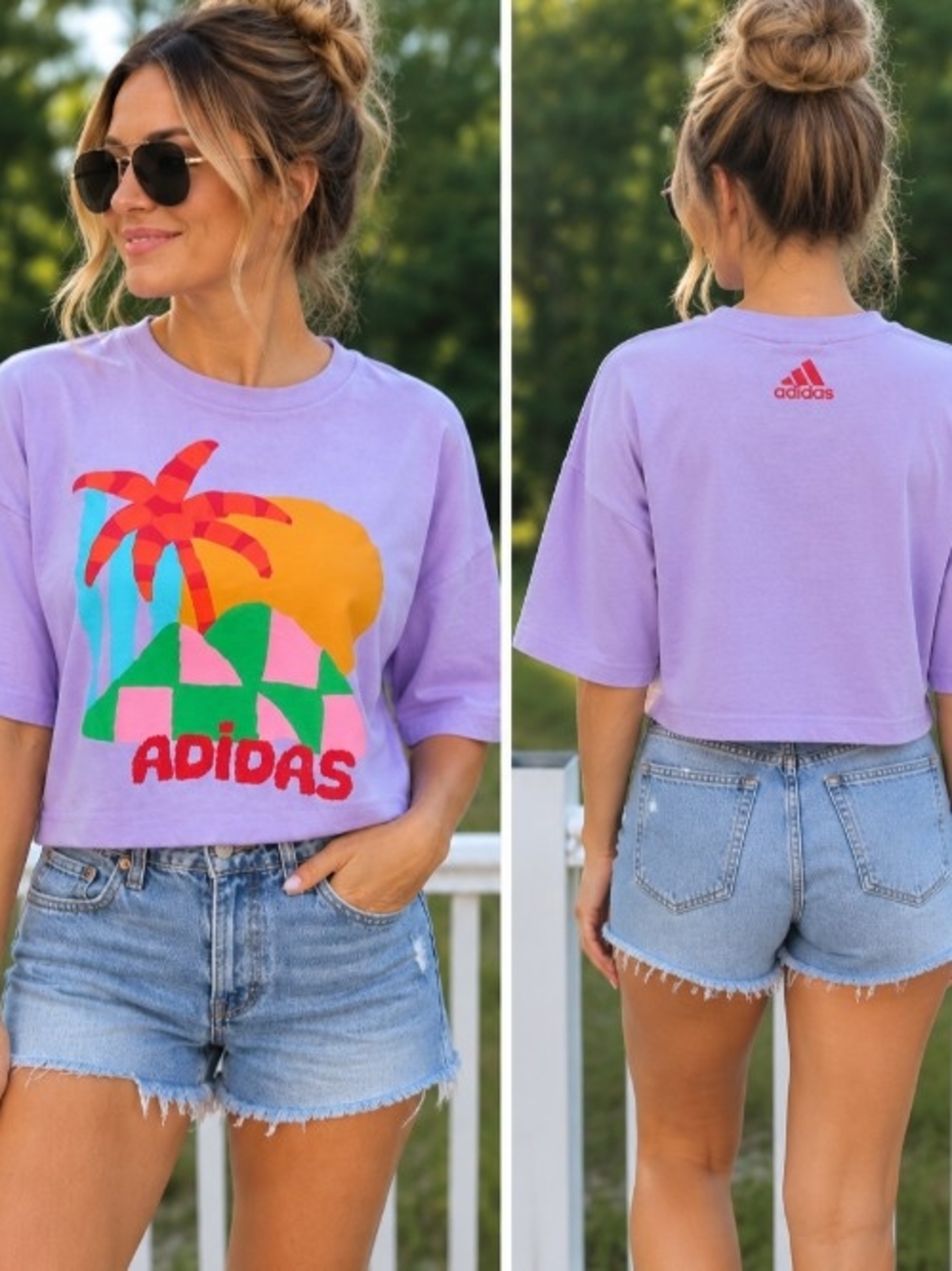 adidas Size XS Lavender Cropped Graphic Tee with Multicolor Palm Print